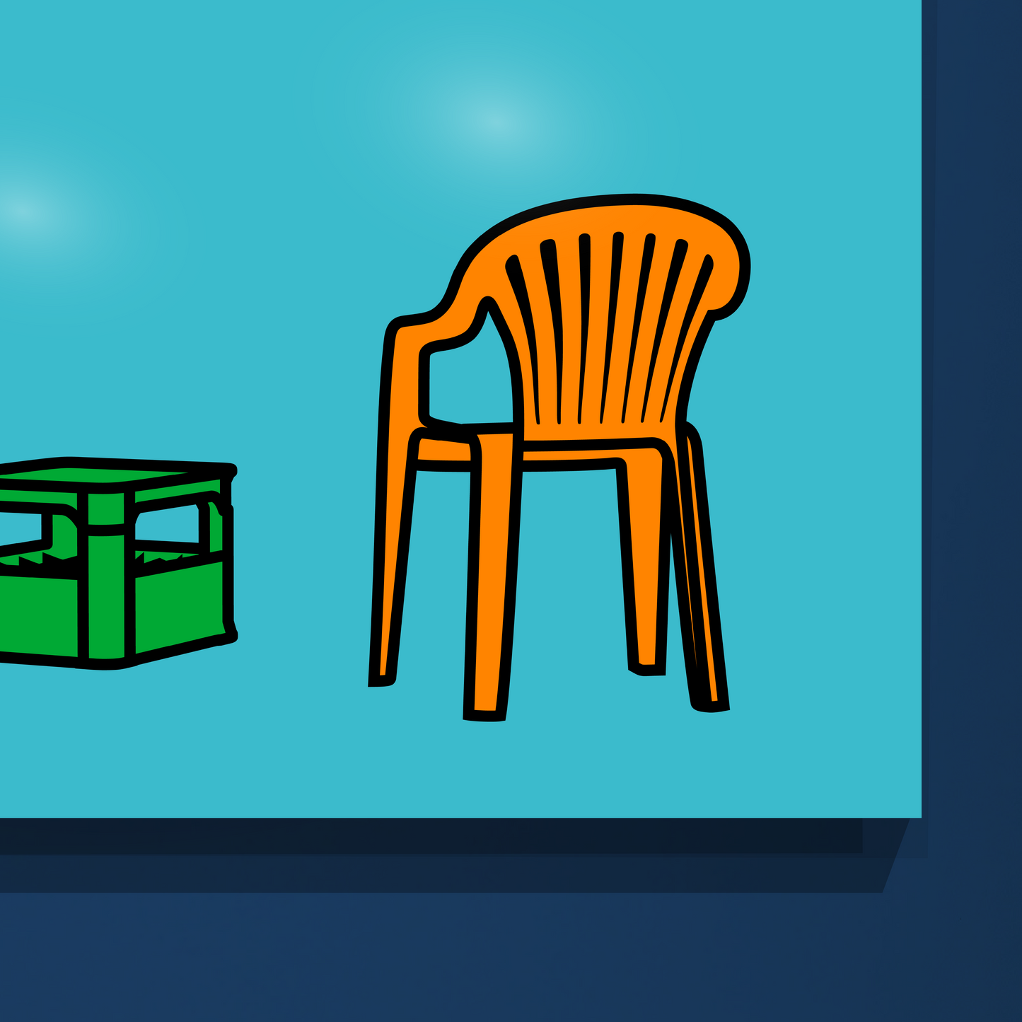 Garten – Stuhl und Bierkasten auf blau