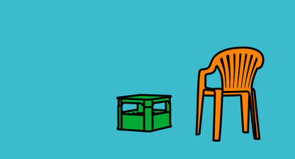 Garten – Stuhl und Bierkasten auf blau