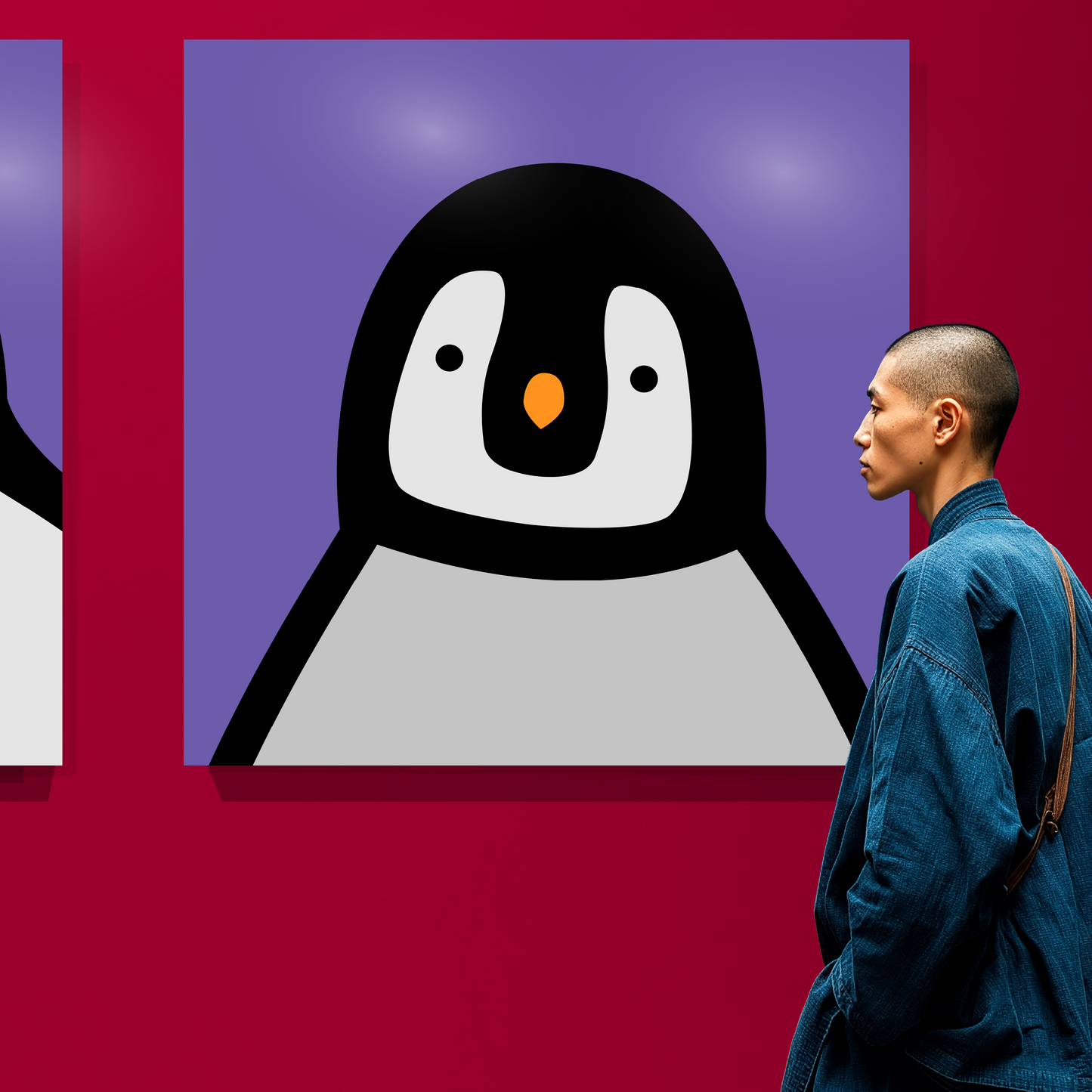 Penguin portrait, chick, purple